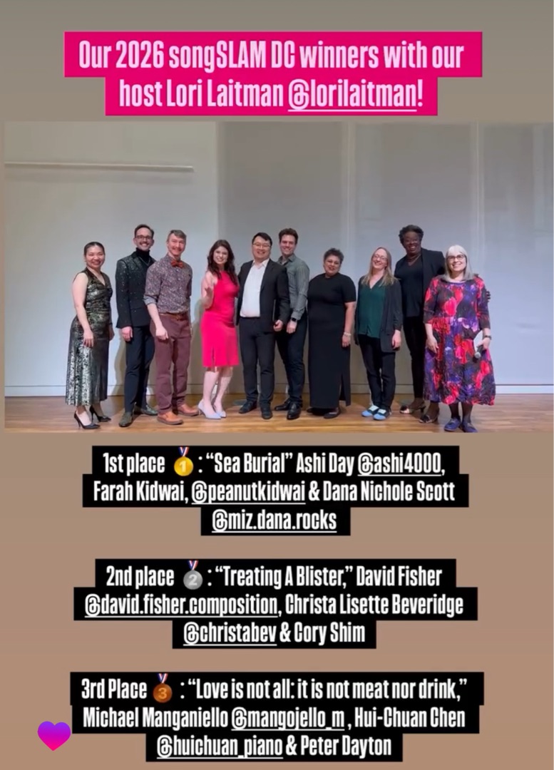 Winners of the 2026 SongSLAM DC with host Lori Laitman
